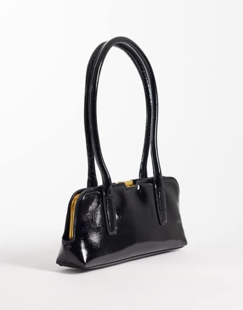 ASOS DESIGN high shine elongated handle purse in black - view 1