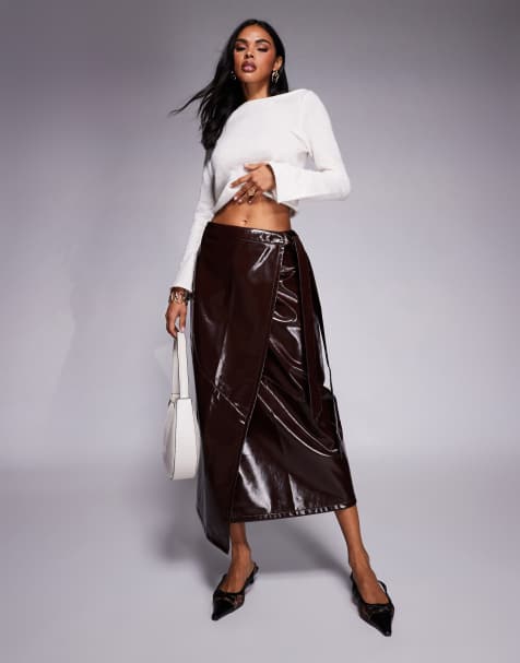 ASOS DESIGN high shine faux leather wrap midi skirt in burgundy - view 1
