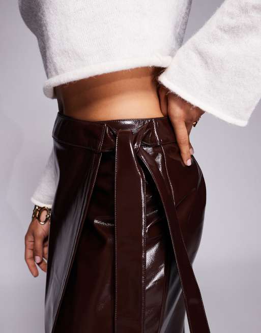 ASOS DESIGN high shine faux leather wrap midi skirt in burgundy