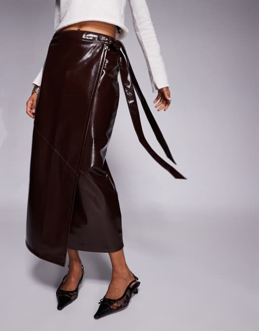 ASOS DESIGN high shine faux leather wrap midi skirt in burgundy