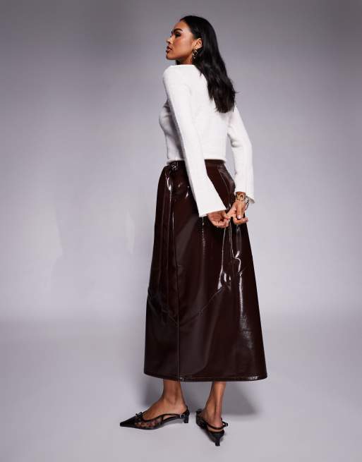 ASOS DESIGN high shine faux leather wrap midi skirt in burgundy