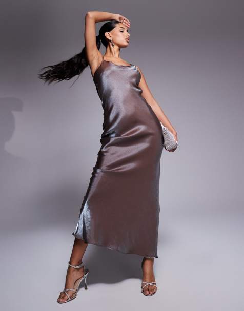 ASOS DESIGN high shine metallic maxi slip dress in silver - view 1