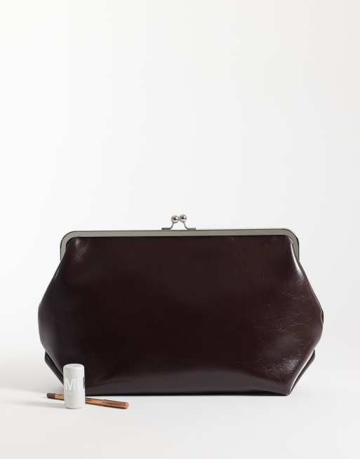 ASOS DESIGN high shine oversized frame clutch bag in textured chocolate, 2 of 4