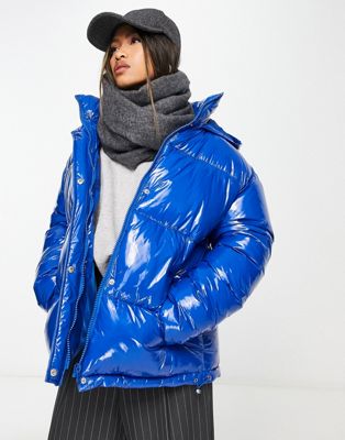 ASOS DESIGN high shine puffer jacket in blue | ASOS