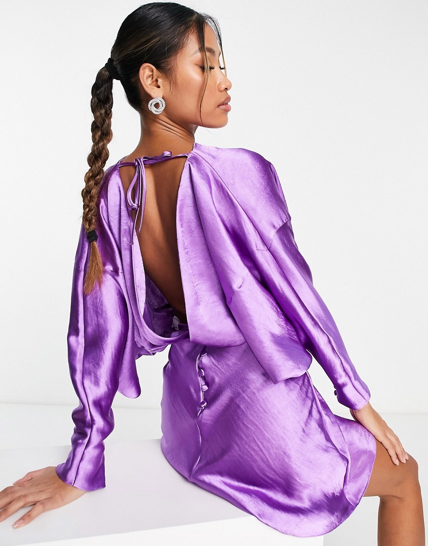 ASOS DESIGN high shine satin backless balloon sleeve mini dress in purple