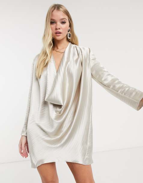 ASOS DESIGN high shine satin cowl neck mini shift dress in oyster - view 1
