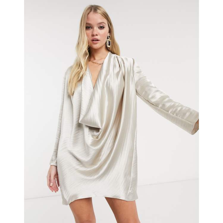 ASOS DESIGN high shine satin cowl neck mini shift dress in oyster