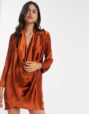 rust satin cowl neck dress