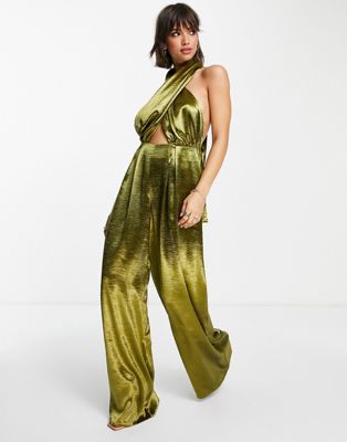 ASOS DESIGN high shine satin cross wear me anyway jumpsuit in chartreuse