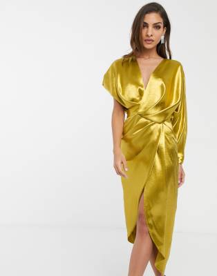 asos design midi dress in satin with spliced bodice