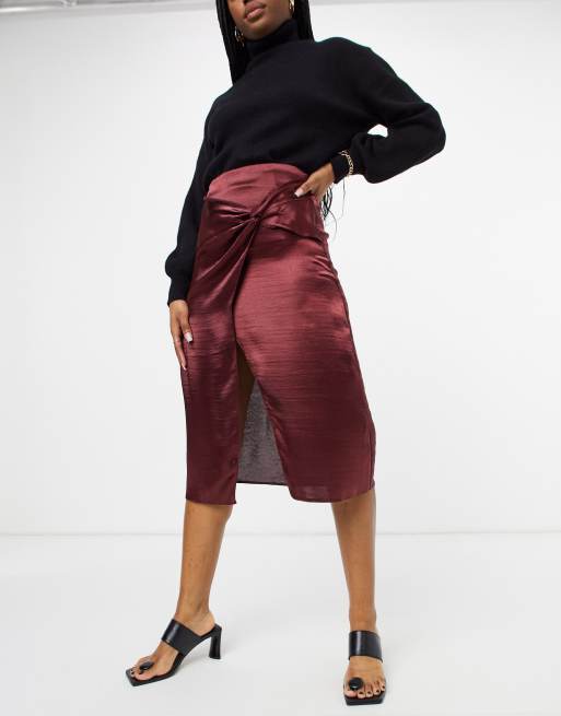 ASOS DESIGN high shine satin midi skirt with twist detail in burgundy