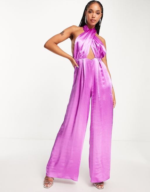 Two-Tone Flowy Jumpsuit in Red/Fuchsia Satin