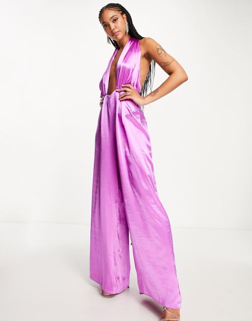 ASOS DESIGN Halter Neck Backless Wide Leg Jumpsuit In Magenta