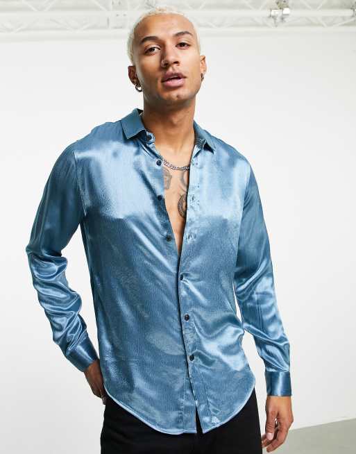 ASOS DESIGN high shine satin shirt in blue | ASOS