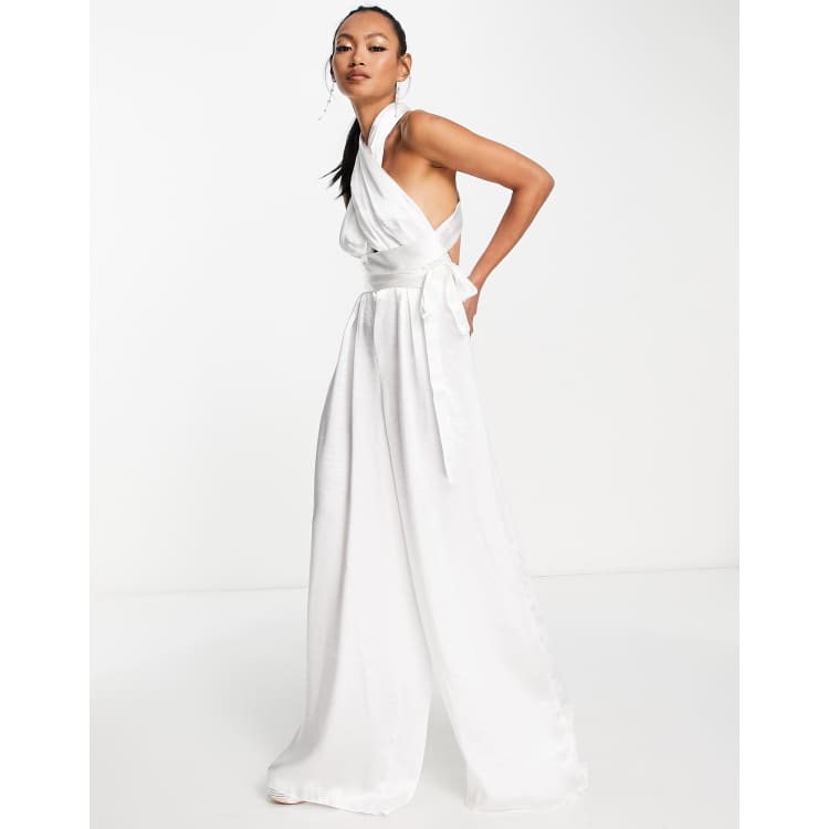 ASOS Bridal Jumpsuit In Bonded Satin With Bow Detail in White