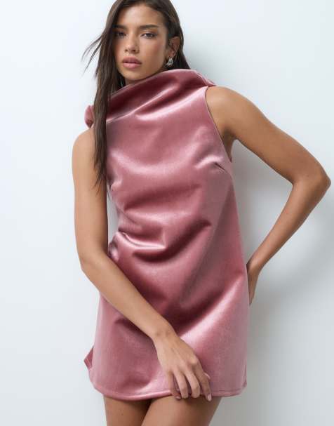 ASOS DESIGN high slash neck mini dress with trim back detail in pink velvet - view 1
