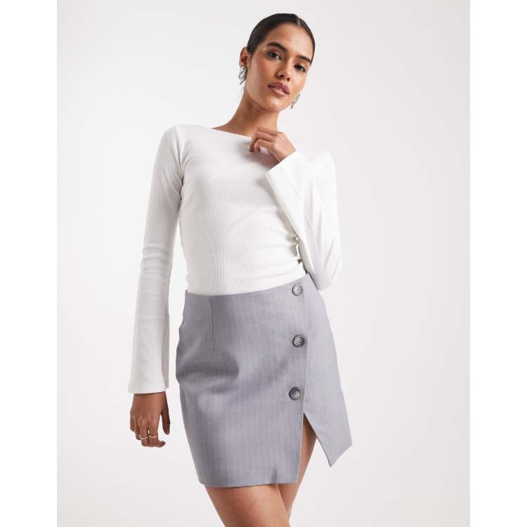 ASOS DESIGN high split button detail mini skirt in grey pinstripe
