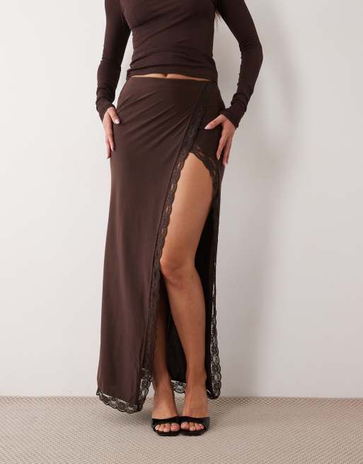 ASOS DESIGN high split fitted skirt with lace trim in brown, 5 of 5