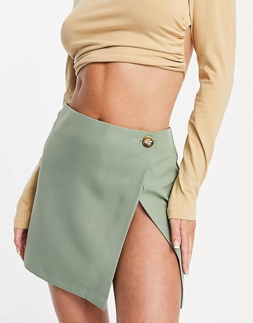 Women high split wrap mini skirt in sage 