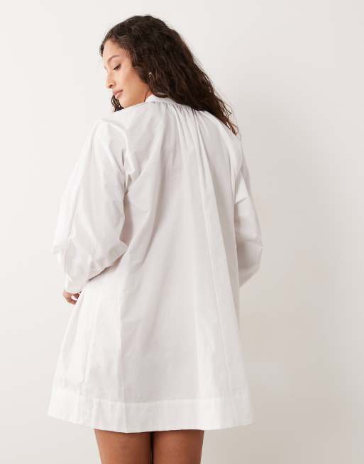 ASOS DESIGN high tie neck poplin mini dress with puff sleeves in white, 3 of 4