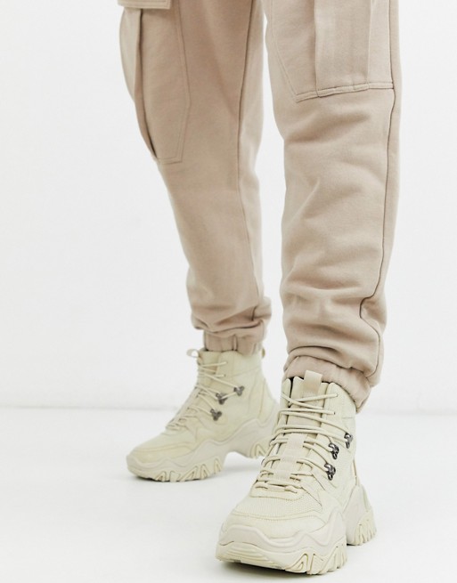 ASOS DESIGN high top hiker trainers in stone with chunky sole