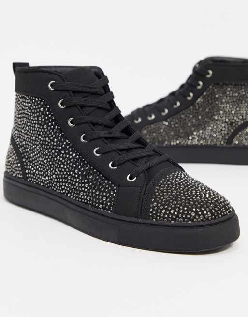 Black Suede Diamantes Bling Bling High Top Mens Sneakers Shoes Boots