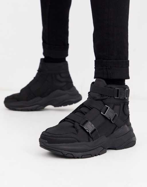 ASOS DESIGN high top sneakers in black with straps and chunky sole | ASOS