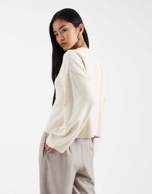 ASOS DESIGN high v banana sleeve jumper in cream, 2 of 4