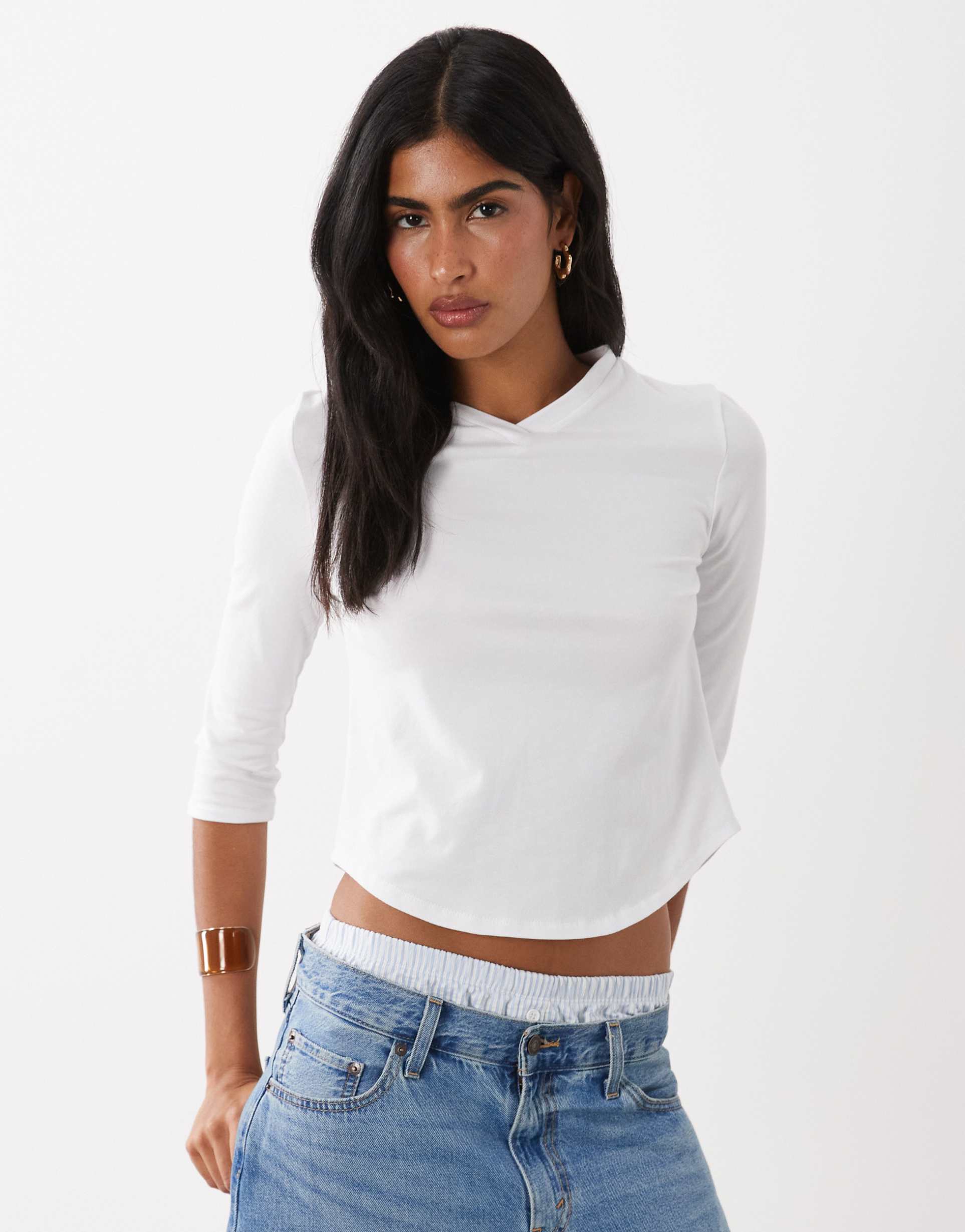 asos design high v-neck 3/4 sleeve top in white