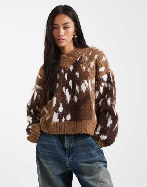 ASOS DESIGN high V-neck boxy bambi print sweater in brown - view 1