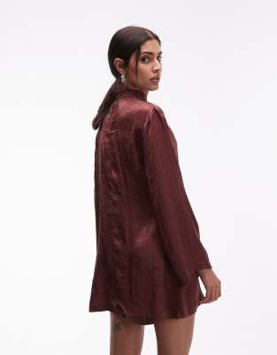 Asos Design High V-neck Crinkle Satin Mini Dress In Brown