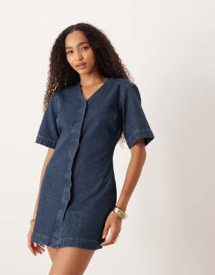 Asos Design High V Neck Denim Mini Dress In Blue