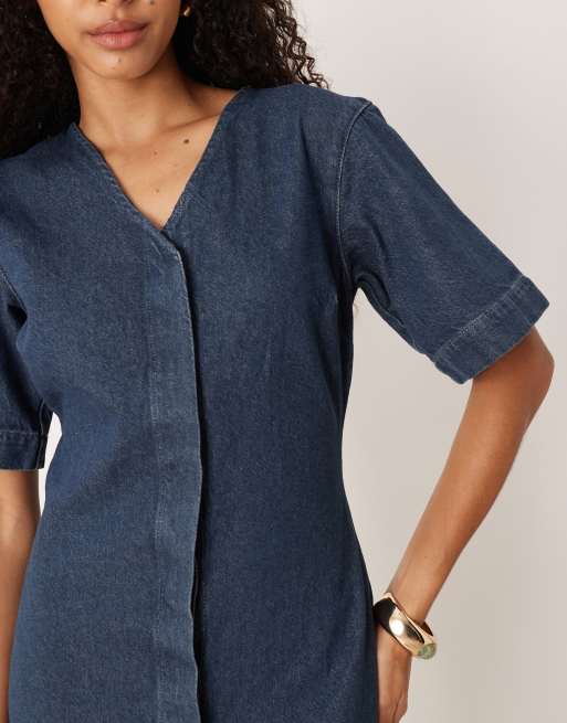 ASOS DESIGN high v neck denim mini dress in mid blue, 4 of 4