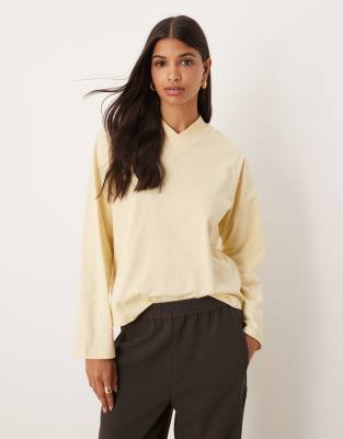 Asos Design High V Neck Detail Long Sleeve Tee In Gold