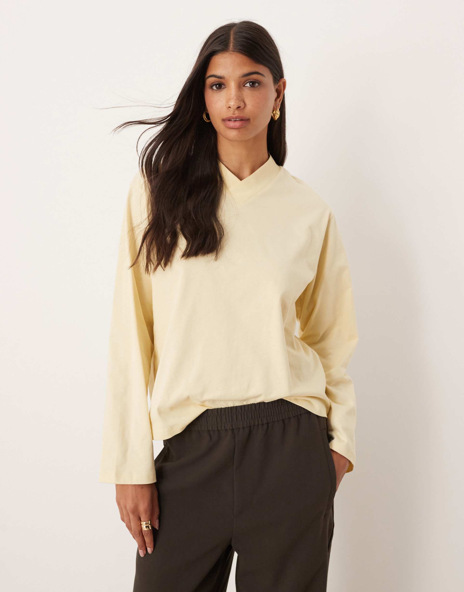asos design high v neck detail long sleeve tee in buttermilk