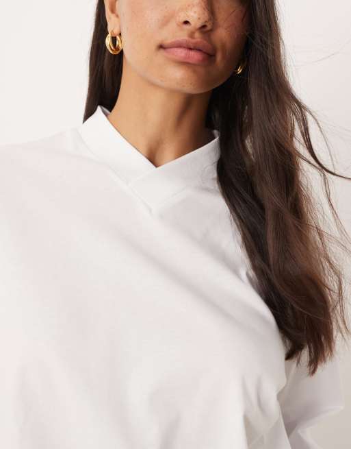 ASOS DESIGN high v neck detail long sleeve tee in white
