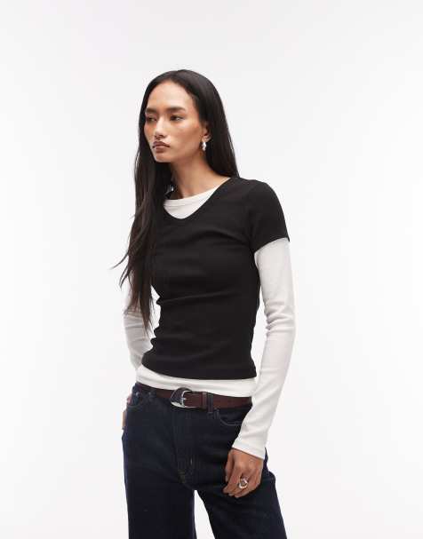 ASOS DESIGN high v neck double layer top in black