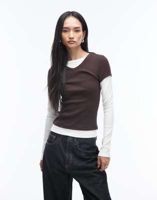 Asos Design High V Neck Double Layer Top In Brown