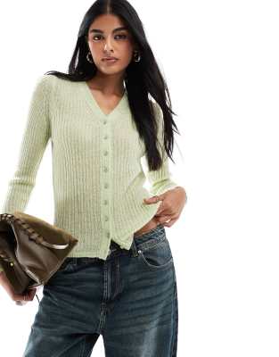 high v neck fine gauge cardigan in sage-Green