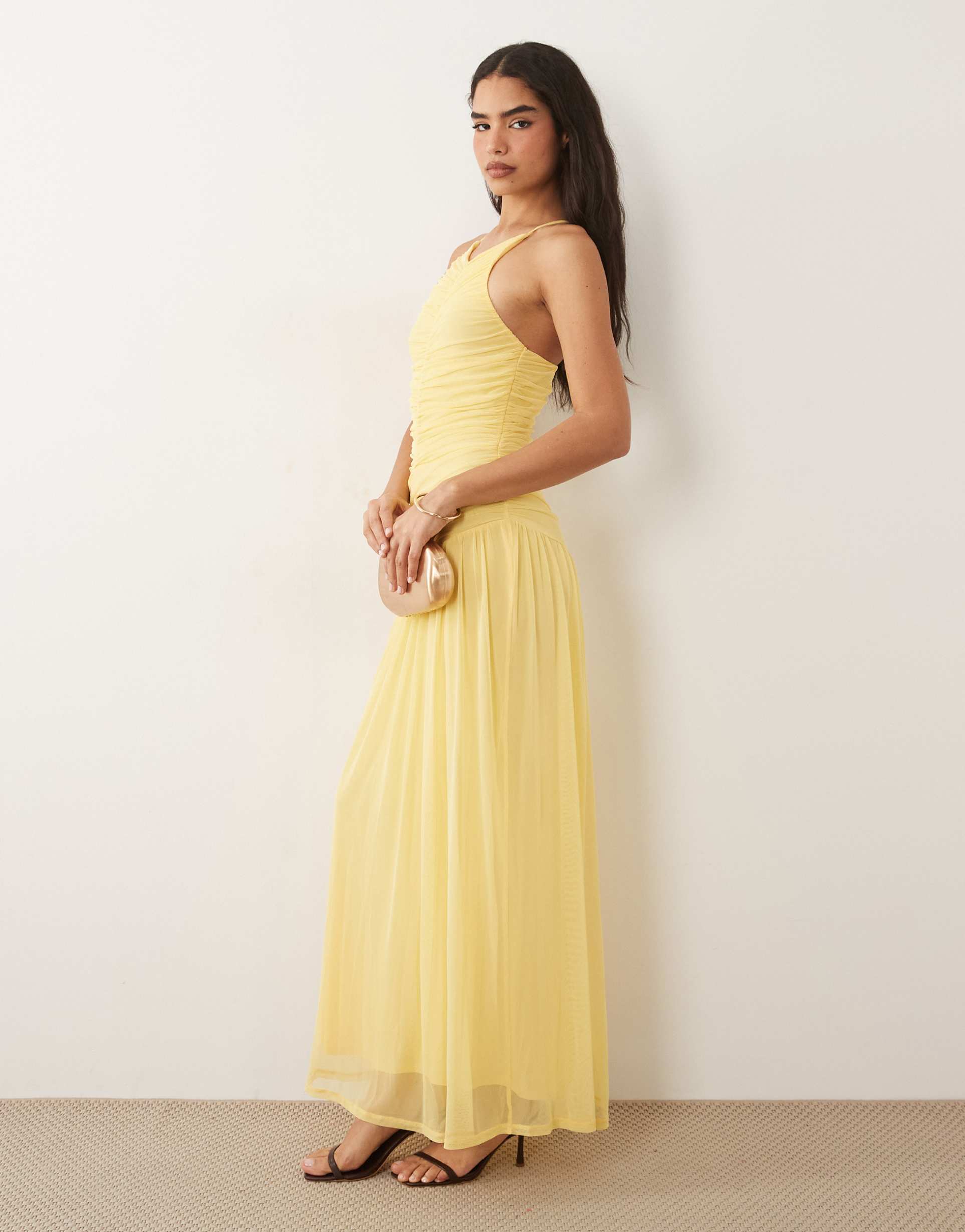 asos design high v neck halter mesh maxi dress with ruched details in buttermilk