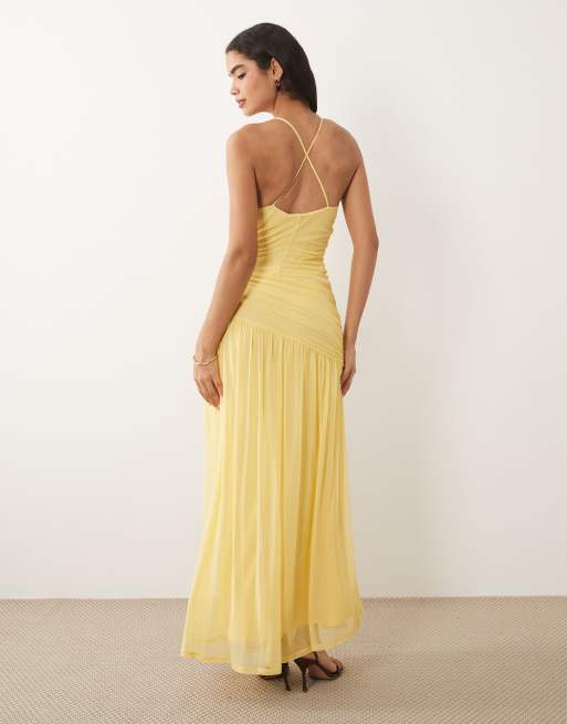 ASOS DESIGN high v neck halter mesh maxi dress with ruched details in buttermilk, 3 of 4