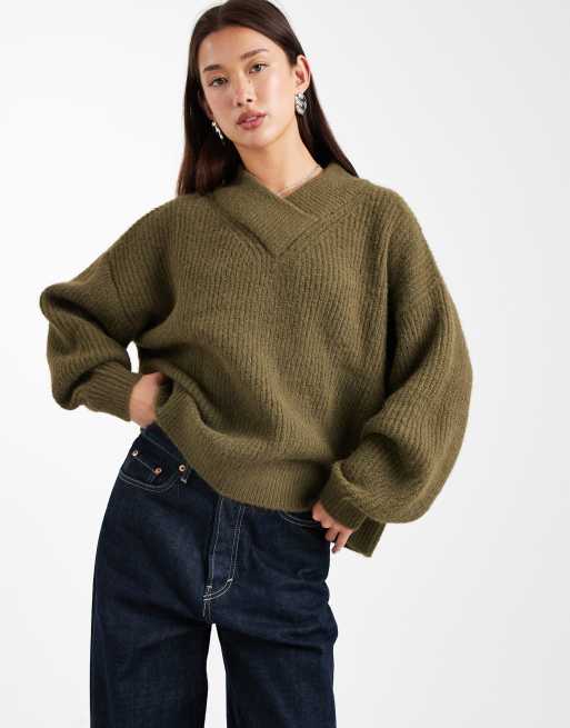 ASOS DESIGN high v neck jumper in green