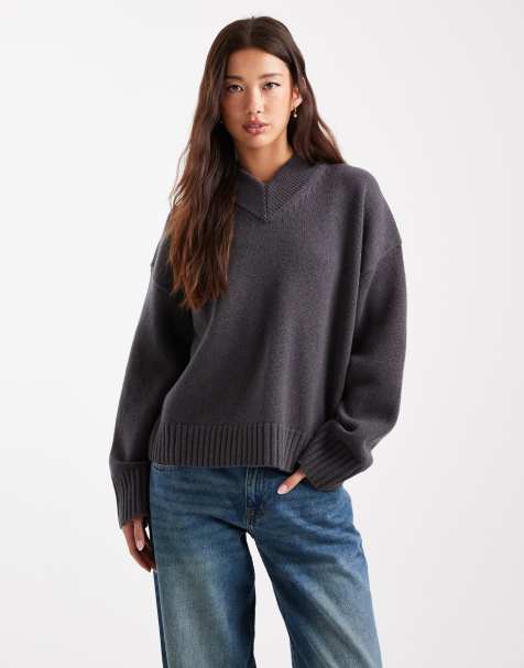 ASOS DESIGN high v neck lambswool sweater in charcoal - view 1