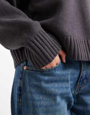 Asos Design High V Neck Lambswool Sweater In Gray