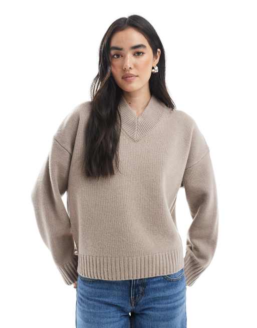 ASOS DESIGN high v neck lambswool sweater in mushroom