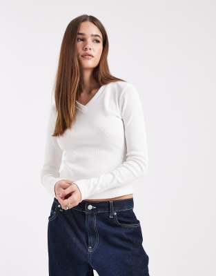Asos Design High V-neck Long Sleeve Tee In White