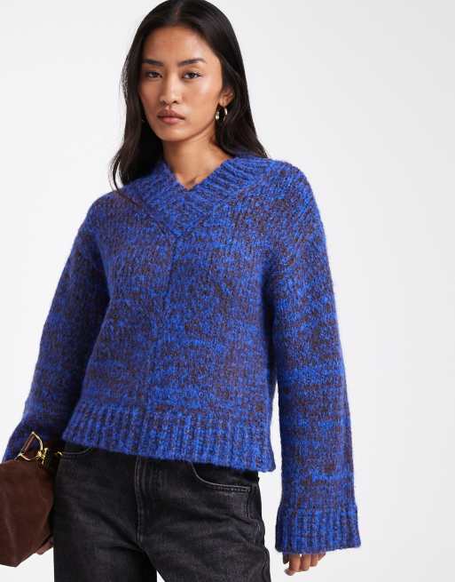 ASOS DESIGN high v neck multiply jumper in blue
