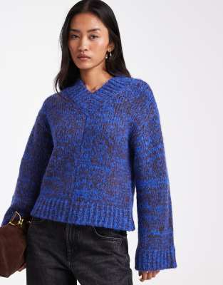 Asos Design High V Neck Multiply Sweater In Blue