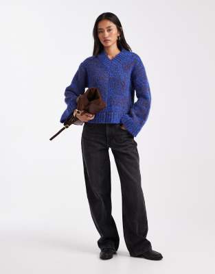 Asos Design High V Neck Multiply Sweater In Blue