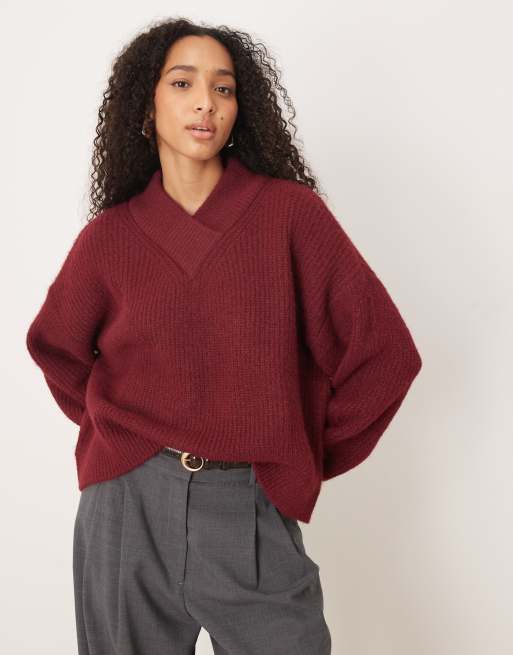 ASOS DESIGN high V-neck sweater in burgundy